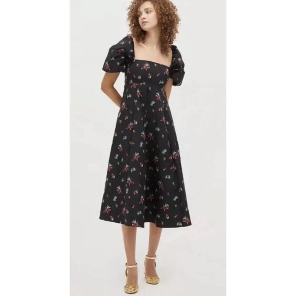 Hill House Home Matilda Midi Dress Black Floral Taffeta Wedding Guest Sz Small